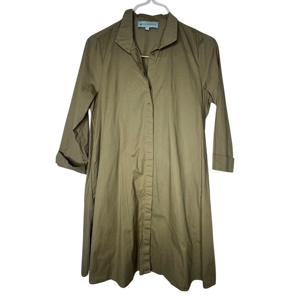 Tuckernuck Womens Charlie Stand Collar Mini Shirt Dress Sz M Olive Minimalist